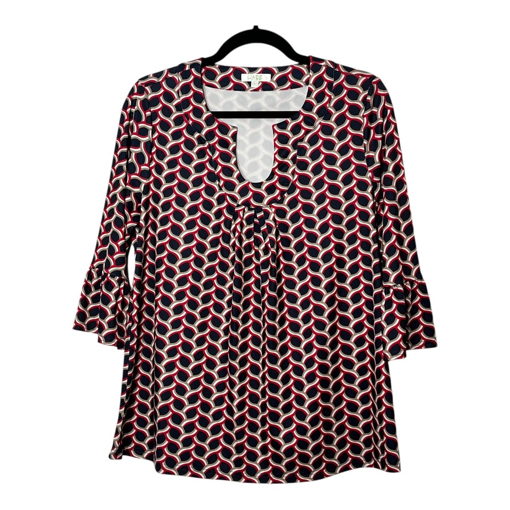 Jade Melody Tam Womens Large Red Navy Geometric Link Ruffle 3/4 Sleeve Tunic Top